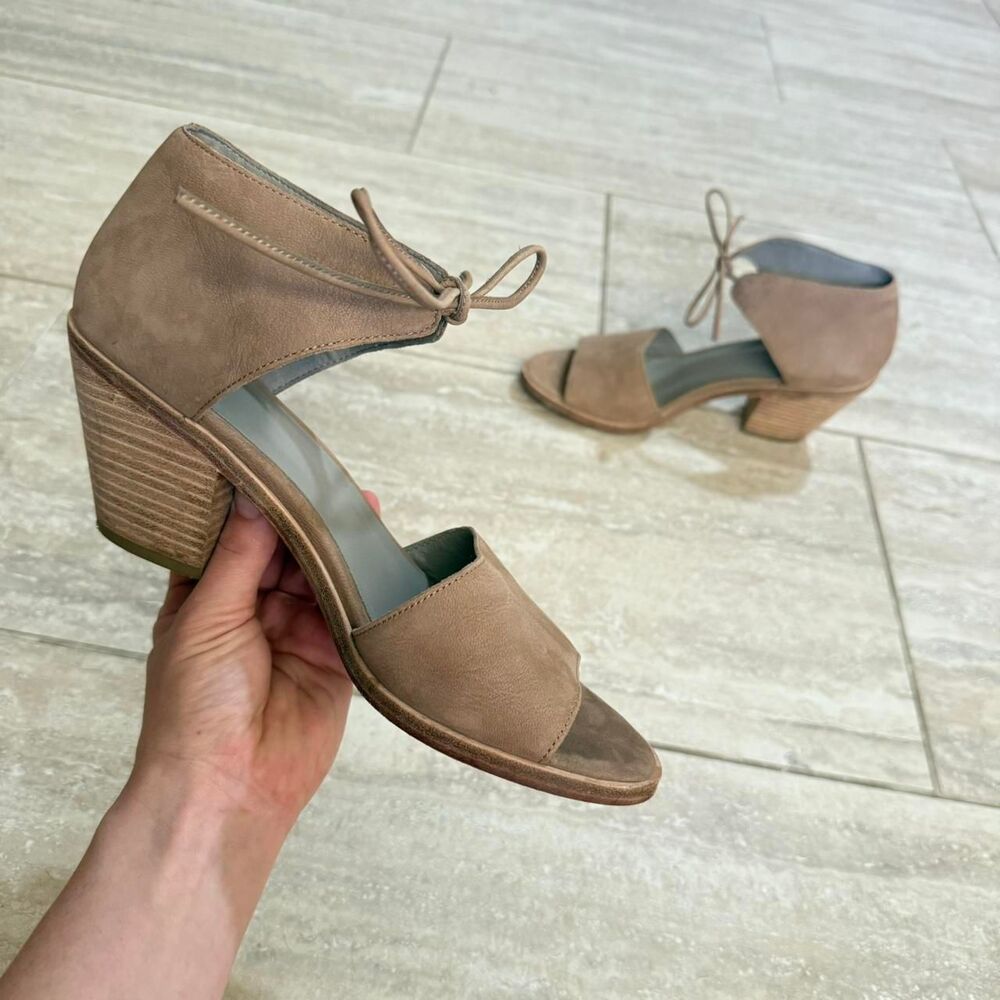 Eileen Fisher Ann Sandal Earth Leather Ankle Tie Block Heel Chunky Neutral 8.5